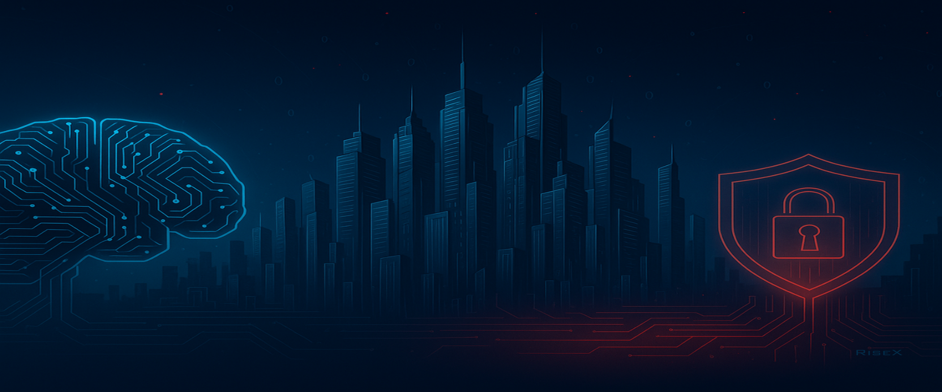 Ilustração futurista representando a RiseX, IA, cibersegurança e tecnologias emergentes